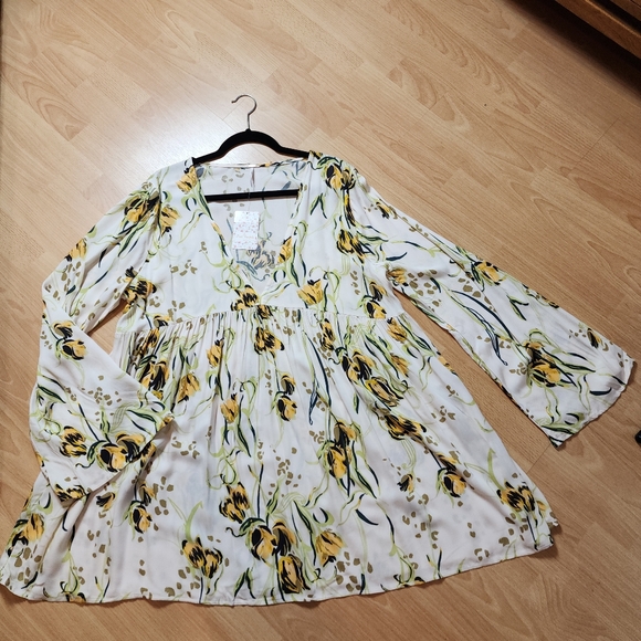 Free People Bella Floral Print Tunic Top Dress Cream Green Yellow L/S Large